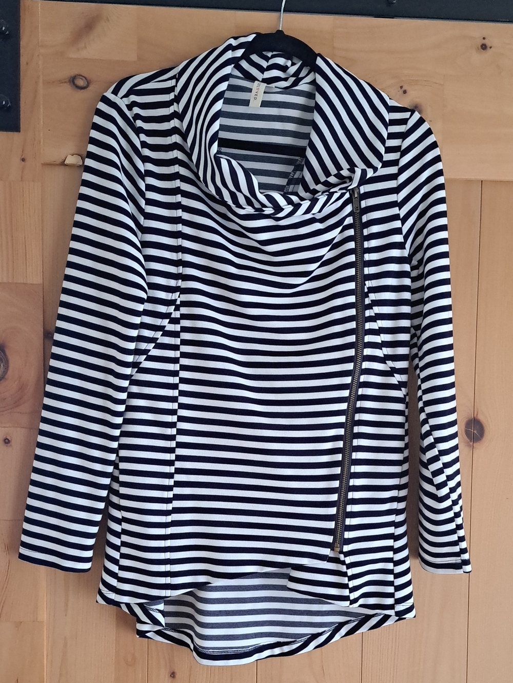 Striped Black & White Asymmetrical Zip Cowl Neck Sweater Size Large